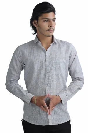 Premium Linen Blend Vertical Stripe Shirt Ash Grey– Regular Fit