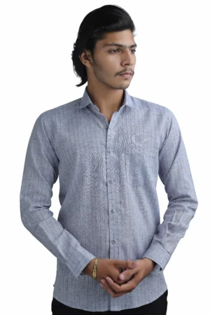Premium Linen Blend Vertical Stripe Shirt Slate Blue– Regular Fit