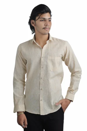 Premium Linen Blend Vertical Stripe Shirt Cream Ivory– Regular Fit