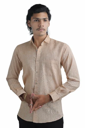 Premium Linen Blend Vertical Stripe Shirt Terracotta Peach – Regular Fit